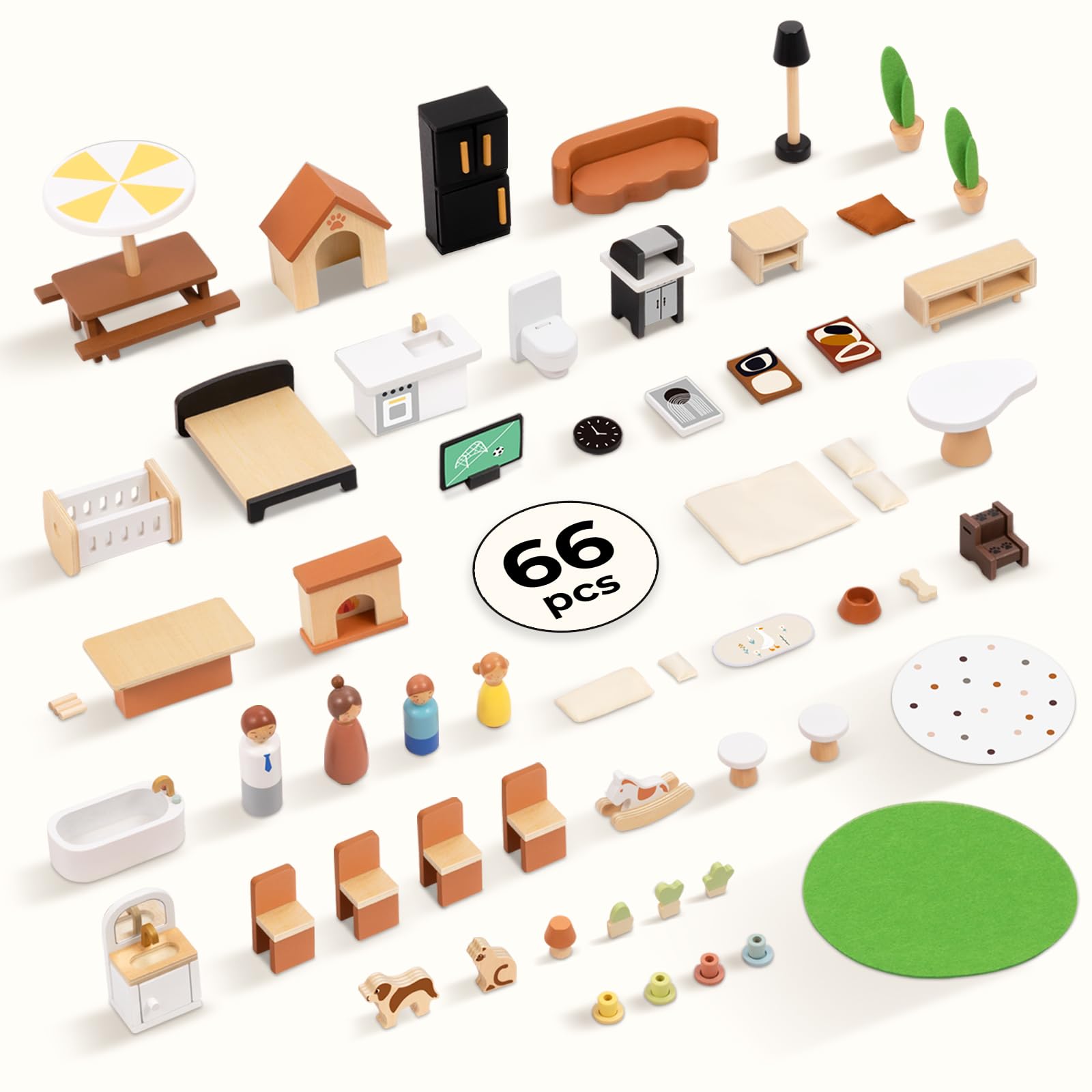 OOOK Puppenhaus Holz, Dollhouse mit 66 Möbel & Zubehör, Puppenhaus ab 3 Jahre Mädchen und Jungen, Spielzeug Geschenke für Kinder inklusive Puppen und Tier Sets