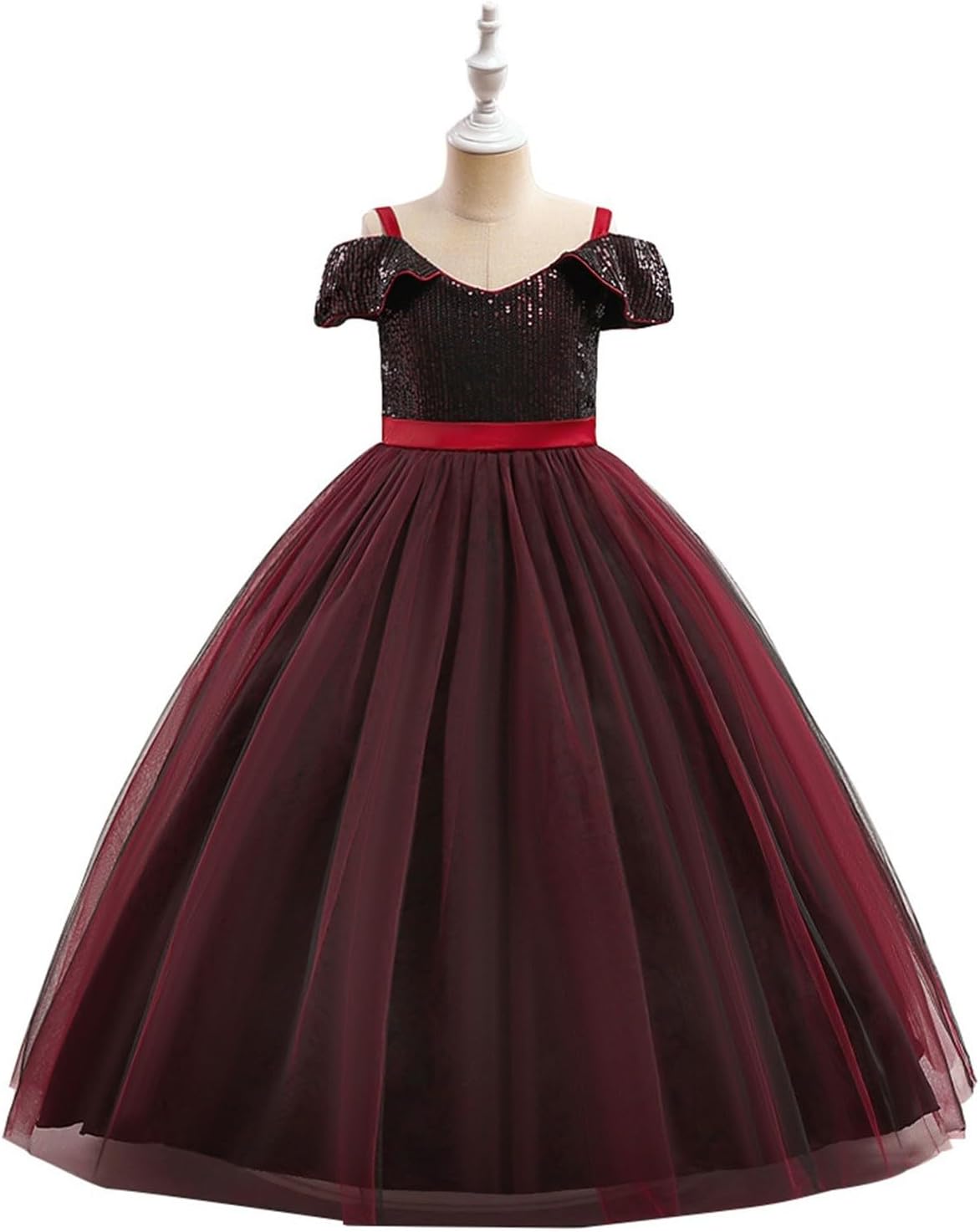 Girls Sequins Maxi Dress Layered Tulle Mesh Puffy Floor Length Dresses for Kids Formal Wedding Evening Dance Gown Skirt