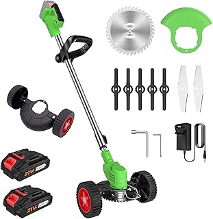 JLOZDM Cortadora de césped inalámbrica de 21 V, con 2 baterías de 2000 mAh y 10 cuchillas de metal, diseño telescópico ligero, función 3 en 1 para bordes de césped, poda y malas hierbas, color verde