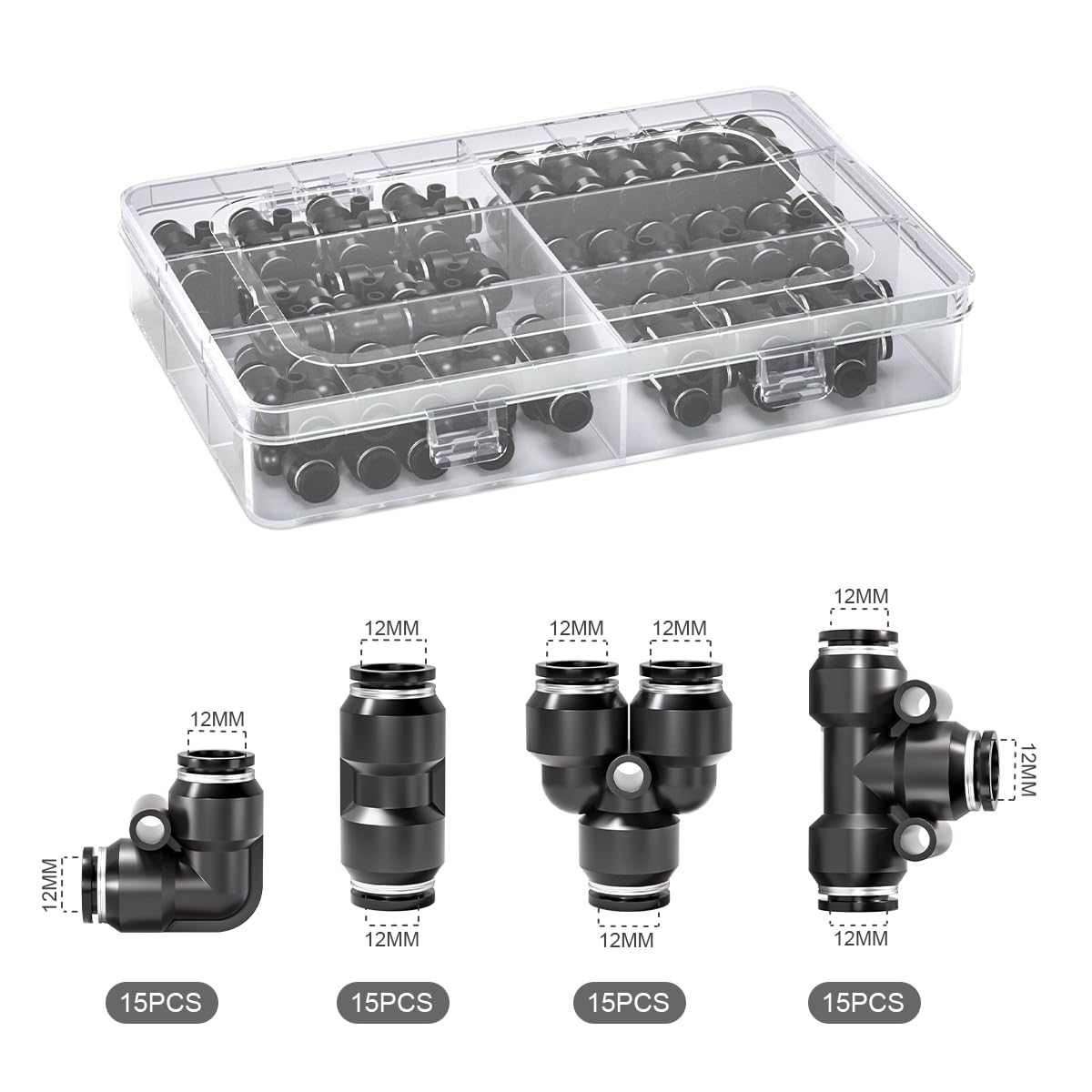 60 pezzi 12 mm nero spingere per collegare kit di raccordo pneumatico, 15 dritto, 15 divisori, 15 gomiti, 15 tipi Tee connettori pneumatici a sgancio rapido