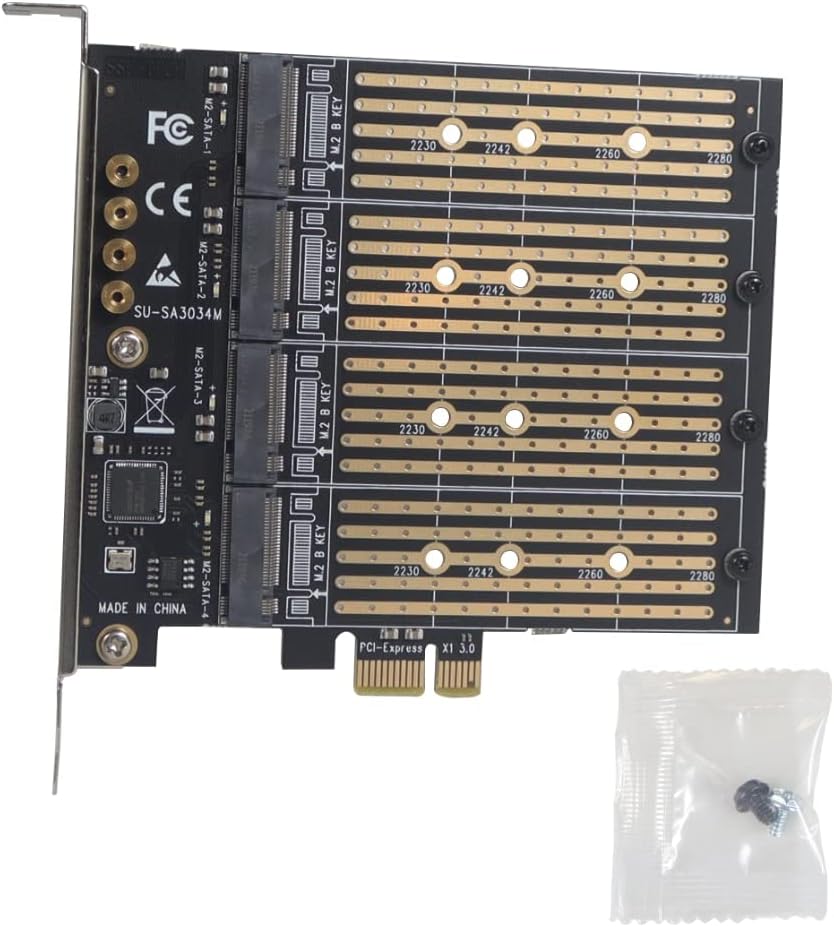 JMT M2 NGFF M Key B-Key SSD Adapter Card M.2 to PCI-E 3.0 X4 High Speed Expansion Card 1/2/4 Bay SATA Adapter for 2230-22110 SSD Conversion Card (SA3034M)