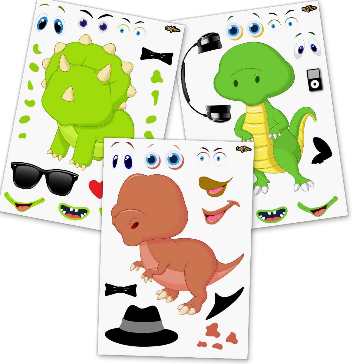 PartyNow Dinosaur Stickers | 24-Pack Make Your Own DIY Sheets With Changeable Faces | Fun Party Favors for Kids | Waterproof (Wild Dinosaurs)