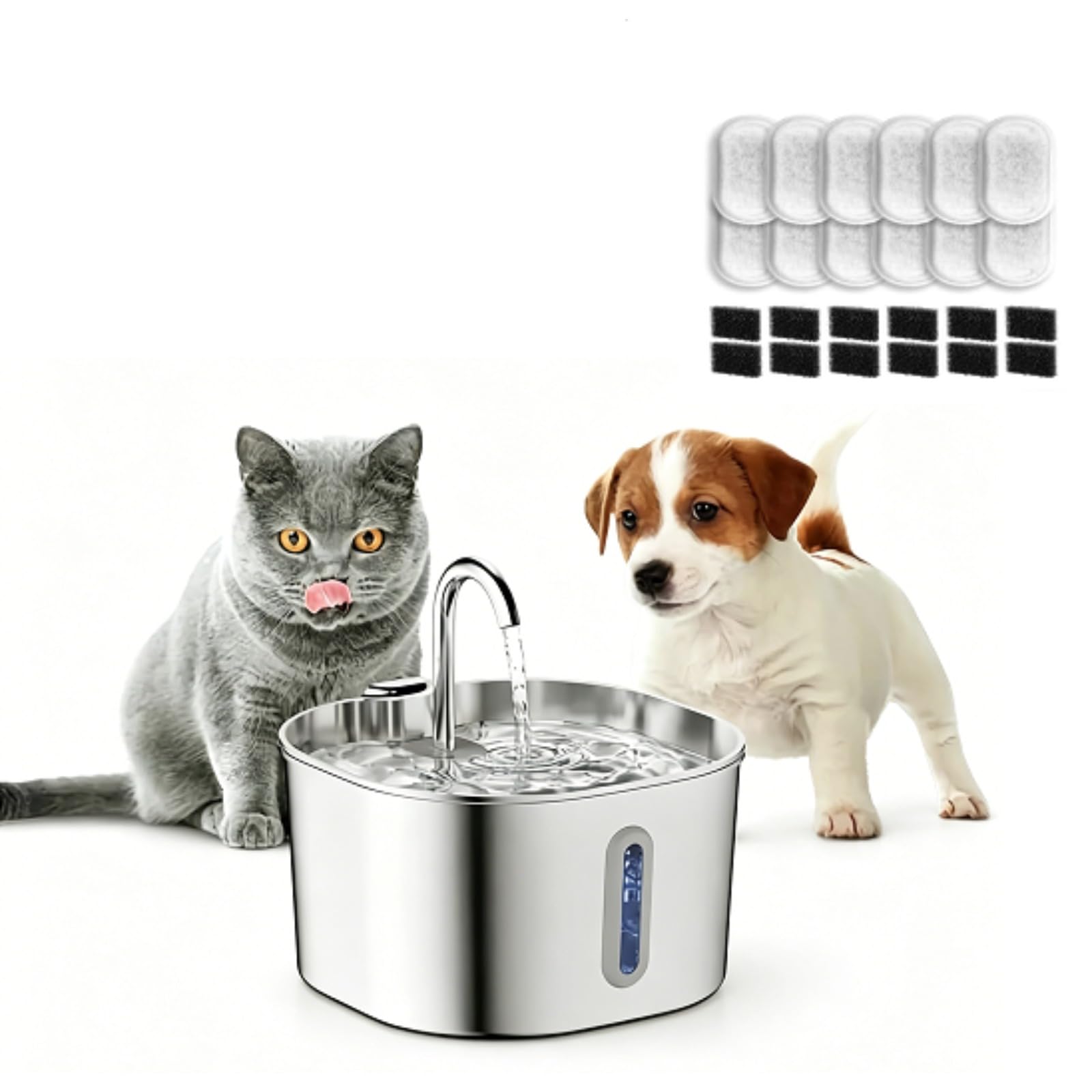 Cat Vitalis 2.2L Fuente Gatos Acero Inoxidable.Bebedero Gatos Automatico,Silencioso Fuente De Agua para Gatos,con Ventana LED, Sistema De Filtro Multicapa (1 Artículo)