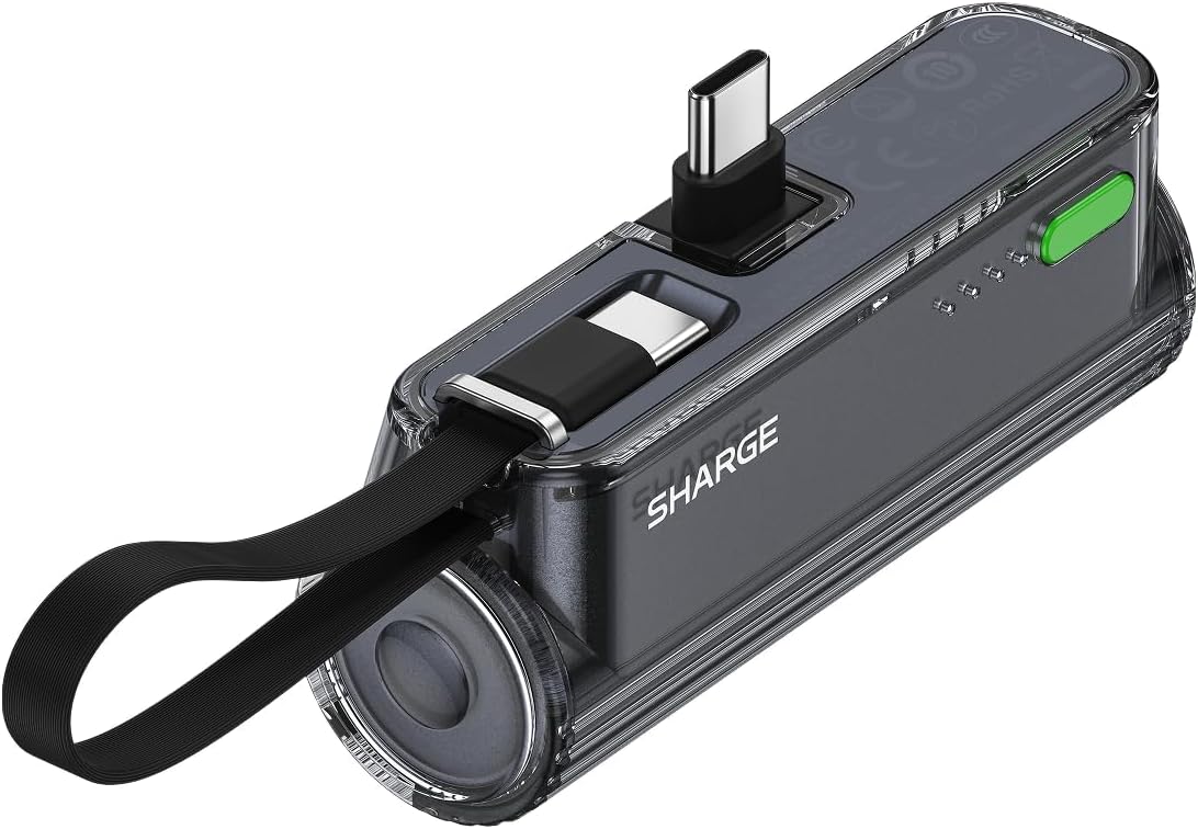 sharge Flow Mini 2 Power Bank with Built-in Cable 22.5W Max Portable Charger for Travel, Fast Charging Battery Pack with iOS and USB-C Connector for iPhone 17/16/15/14, Galaxy, Google, and More