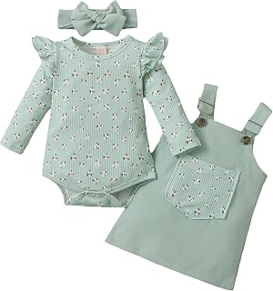 Kids Girls Pyjamas Children Set Suit for Children New Born Baby Wrap Infant Girls Long Sleeve Ribbed Floral Prints Romper Bodysuits Suspenders Skirt Headbands Outfits Come Home Baby Girl Cotton Kids