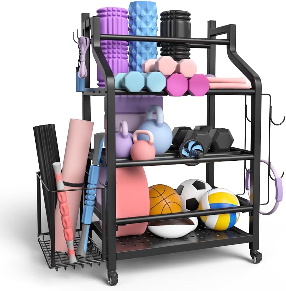 Weight Rack For Dumbbells,Weight Holder Rack For Dumbbells,Yoga Mat, Kettlebells, Dumbbell Rack 4 Tier Heavy Duty Workout Gym Equipment Storage Organizer With Wheels And Hooks