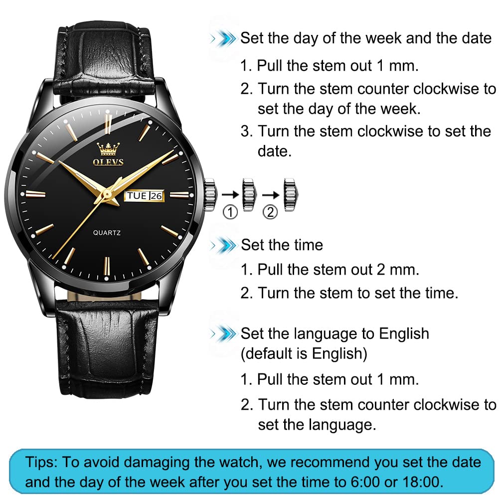 OLEVS Men's Simple Watch with Day and Date, Stainless Steel Analog Quartz Watches for Men, Classic Luminous Hands Men's Dress Watches, Black/White/Blue Dial