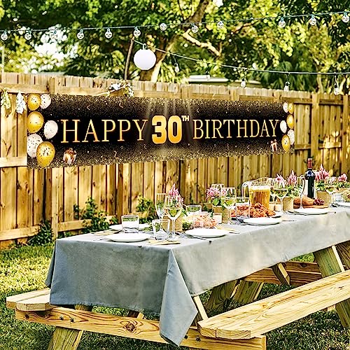 Image of TZSS Black & Gold 30th Birthday Banner Decorations - 118 inchx20 inch Extra Large Dirty Thirty Sign for Him & Her, Indoor Outdoor Party Decor, Happy 30th Reusable Yard Celebration