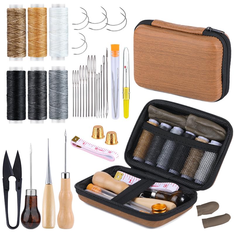 レザークラフト キット 初心者 レザークラフト 工具 道具 39 点 セット 皮 革 手縫い 革細工用 ワックス糸 縫い針 千枚通し 指プロテクター 裁縫針などのDIY 手作りツールの組み合わせ (クラシックエディション)