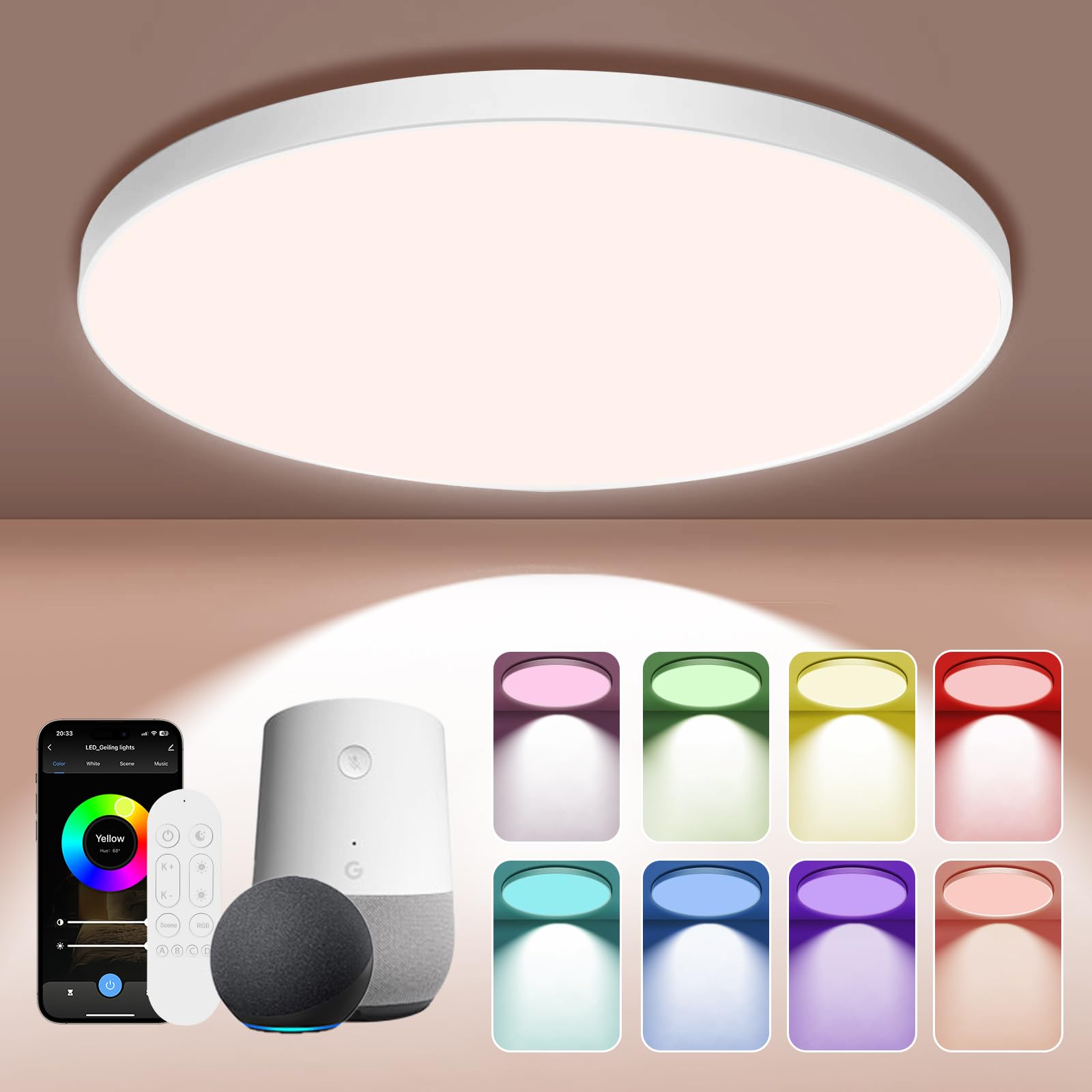 HOTUT Plafon LED Techo RGB, 24W 2400lm Luces LED Techo Para Dormitorio, 29.5cm Plafón Led Techo con Mando a Distáncia y Control APP, con Mando y APP, Para Salón Cocina Baño, para Dormitorio, Cocina