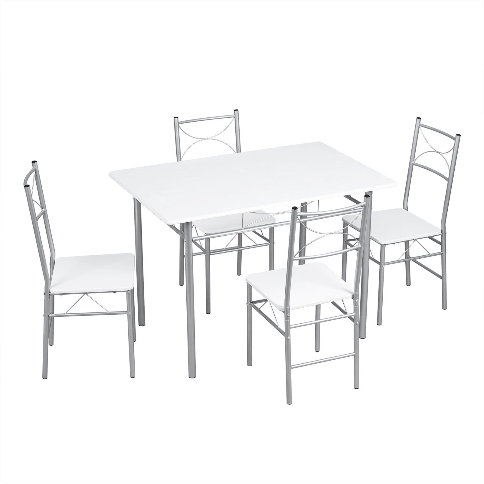 WOLTU Mesa y Sillas Comedor para 4 Personas, Mesa Cocina de Madera, Juego de Muebles de Comedor, Madera MDF y Metal, Blanco + Plata