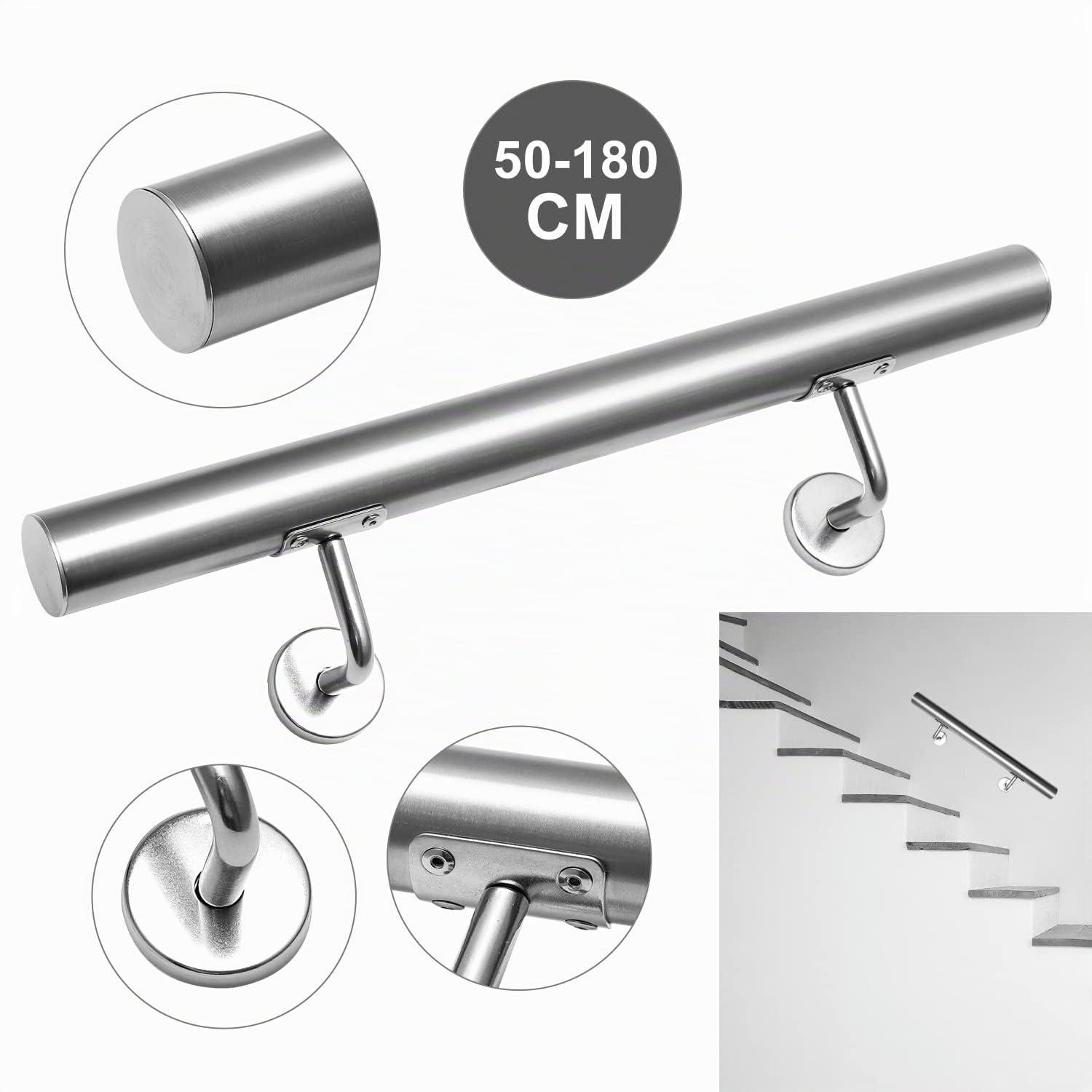 Daromigo Barandilla de acero inoxidable, pasamanos para escaleras, pasamanos de pared, escaleras con soporte de pared y tapas finales, barandilla de escalera interior y exterior, longitud: 150 cm