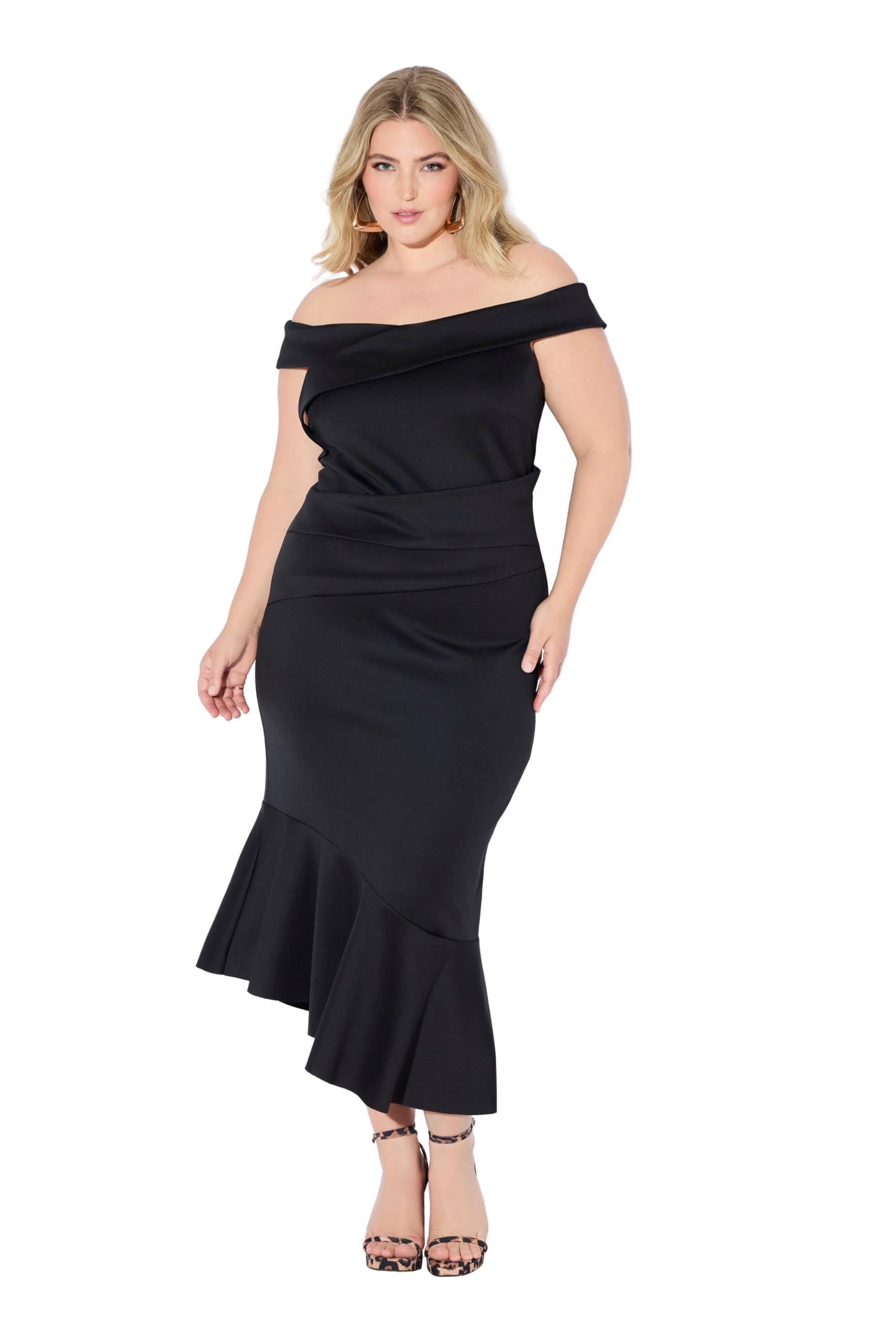 Ulla Popken Damen große Größen Übergrößen Plus Size Scuba-Maxikleid, Carmenausschnitt, Drapierung 845175