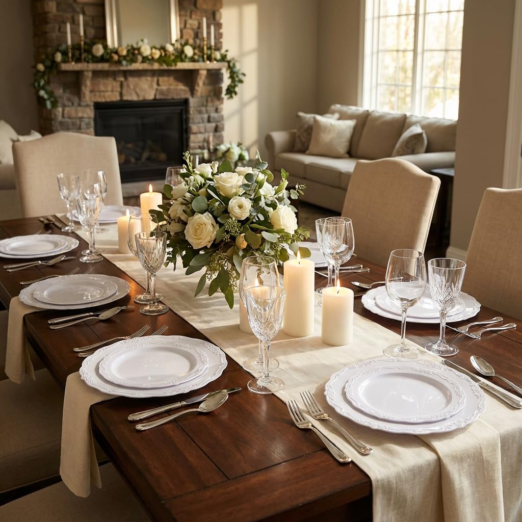 U-QE 60PCS White-Plastic-Plates for Party - High End Disposable Plates for Weddings - White Plates Disposable Heavy Duty Including 30PCS 10.25'' Dinner Plates & 30PCS 7.5'' Dessert Plates