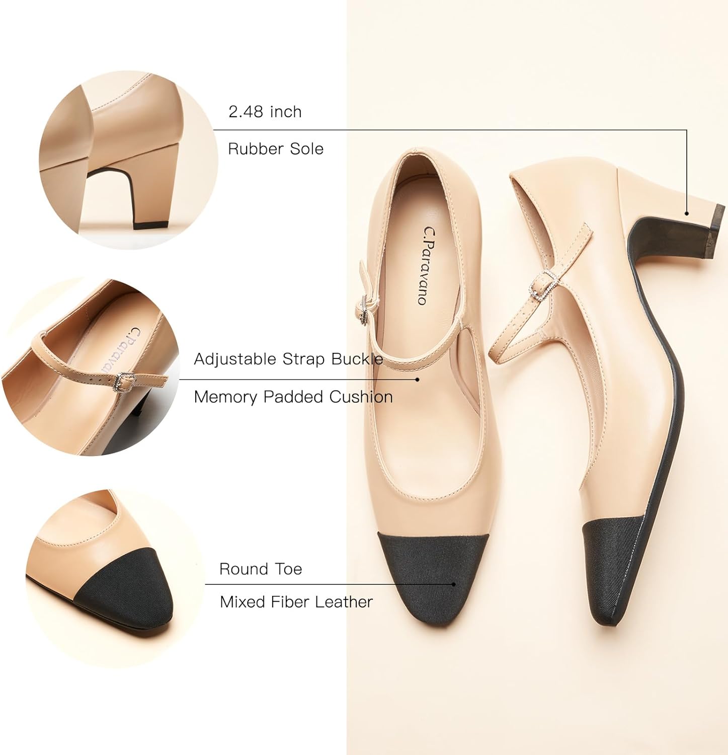 C.Paravano Women's Pumps | Chunky Heels for Women | Closed Round Toe Shoes | Low Heel Dress Shoes - Image 7