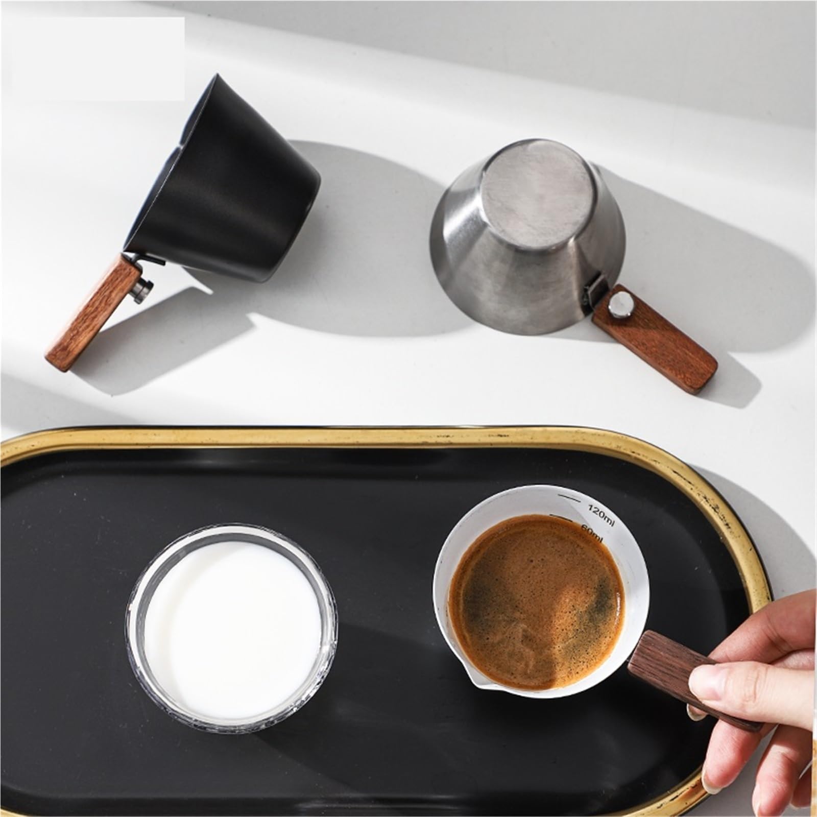 Taza Para Espumar Leche 2 uds taza medidora de acero inoxidable extracto café for líquido onzas tarro leche 100ml Para Café Capuchino(Black)