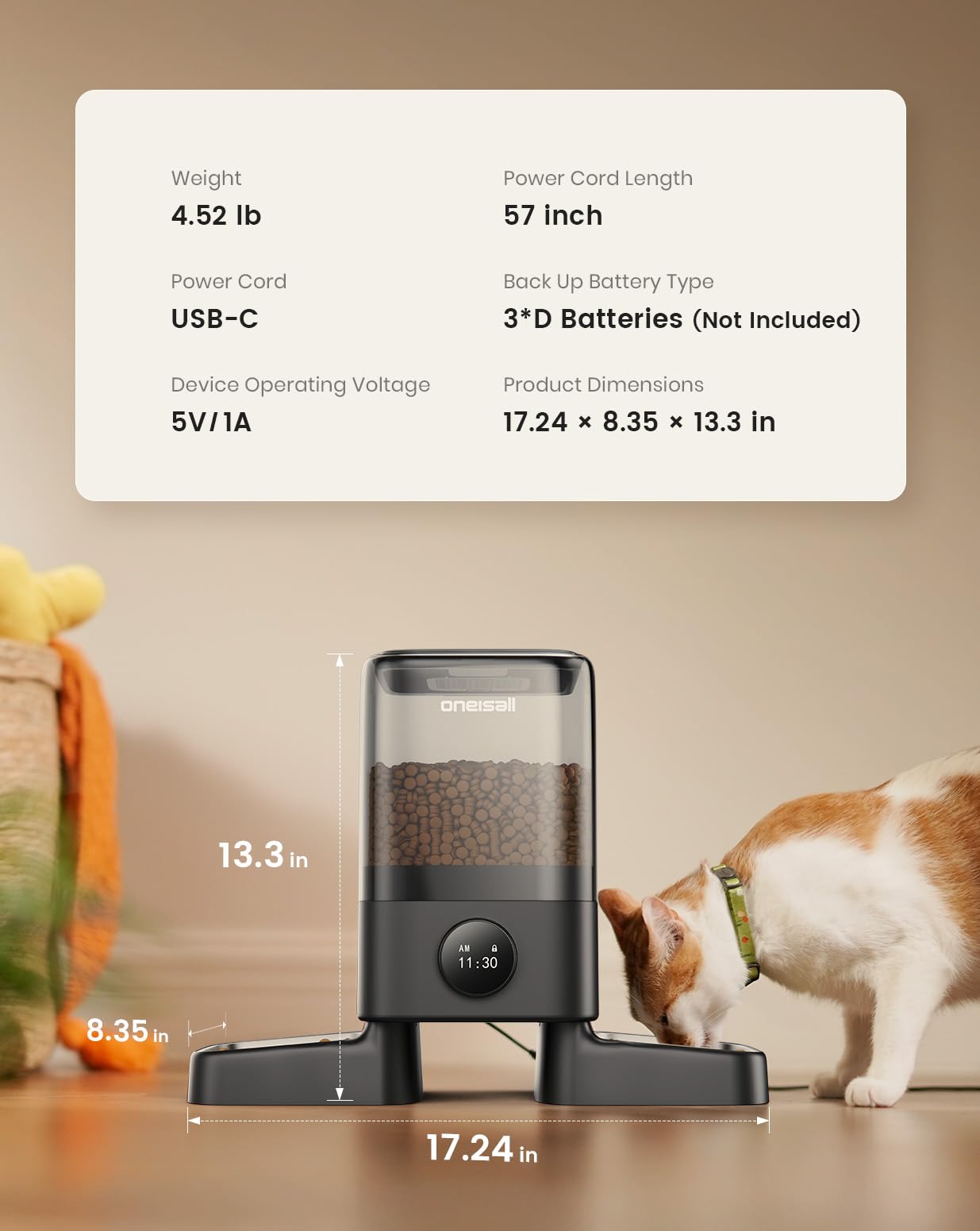 oneisall Automatischer Katzenfutterspender für 2 Katzen Haustiere, 20 Tassen/5L