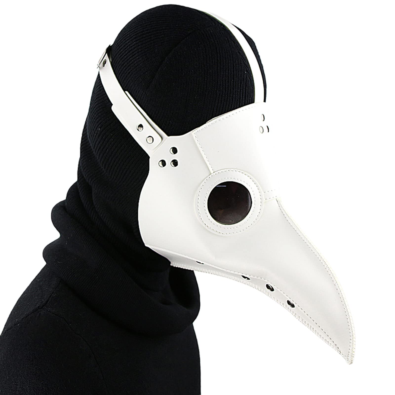Dajingkj White Plague Doctor Mask Steampunk PU Leather Long Nose Bird Beak Half Plague Mask Adjustable Scary Halloween Mask Costumes Props