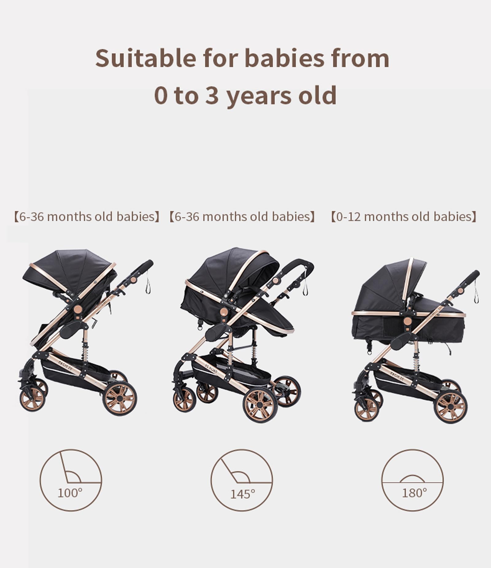 Magic ZC Kinderwagen 3 in 1 Kombikinderwagen Komplettset mit Umkehrbarem Schub Buggy Faltbarem One-Click-Design Beige