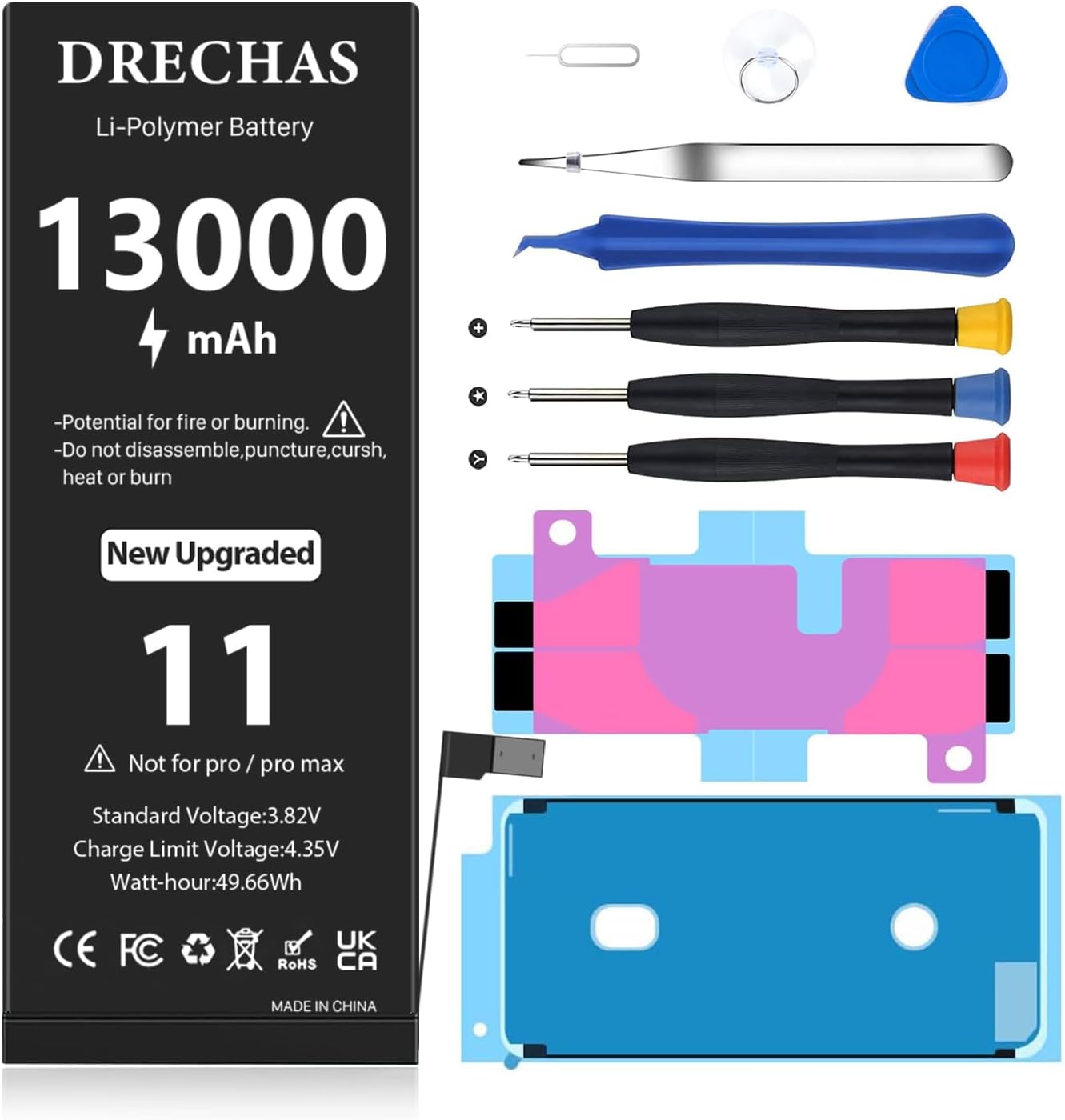 Battery for iPhone 11 (13000mAh) Models A2111, A2221, A2223 with Complete Professional Repair Tool Kit