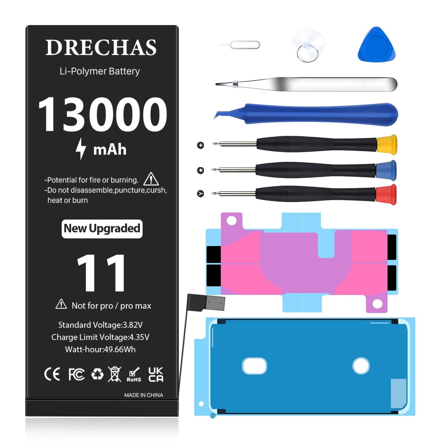 Battery for iPhone 11 (13000mAh) Models A2111, A2221, A2223 with Complete Professional Repair Tool Kit