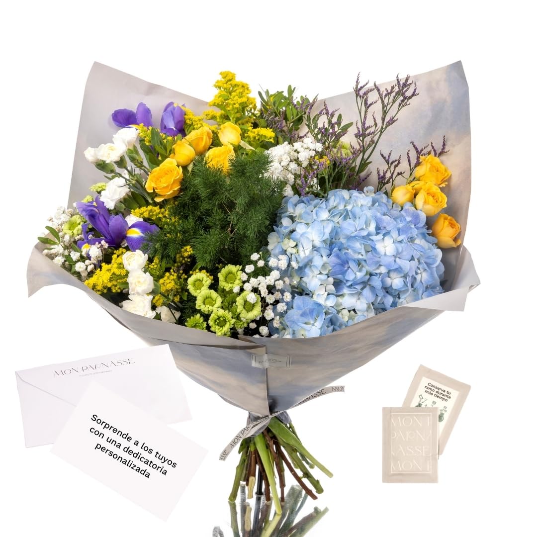 Mon Parnasse - Ramo de Flores Naturales con Dedicatoria, Incluye Tarjeta Personalizada, Set Alimento Floral, Envoltorio Elegante, Regalo, Decoración, Frescura y Aroma - Radiante
