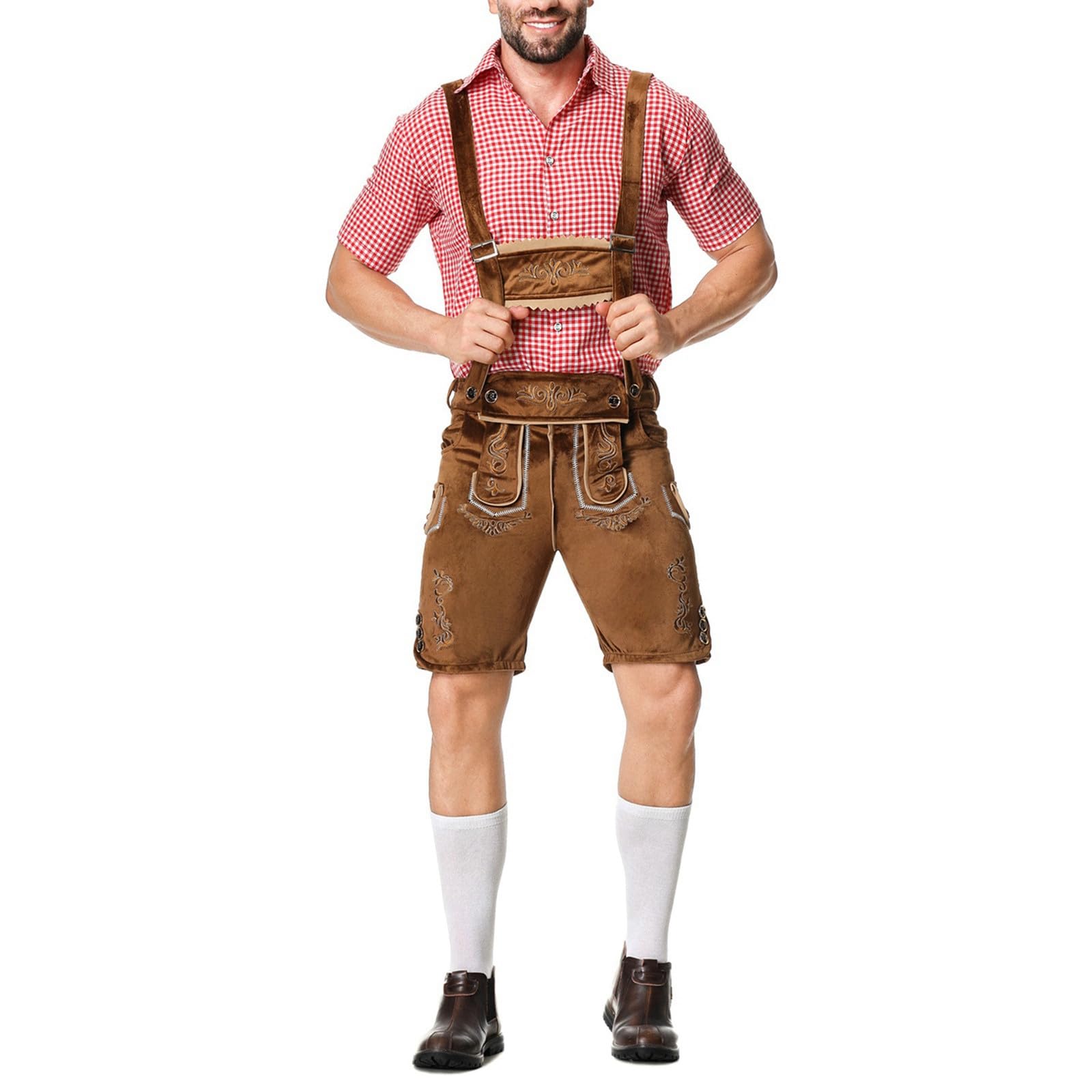 Oktoberfest Herren Outfit Herren Deutsch Bayern Oktoberfest Kostüm Set mit Abnehmbarem Lätzchenträger Kariertes Trachtenhemd, Lederhose mit Trägern und Bayerischen Filzhüte Trachten Set
