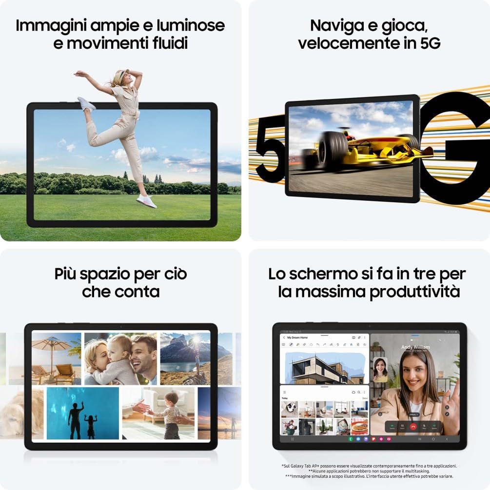 Samsung Galaxy Tab A9+, Display 11.0" TFT LCD PLS, WiFi, RAM 8GB, 256GB, 7.040 mAh, Qualcomm SM6375, Android 15, Dark Blue [Versione italiana]