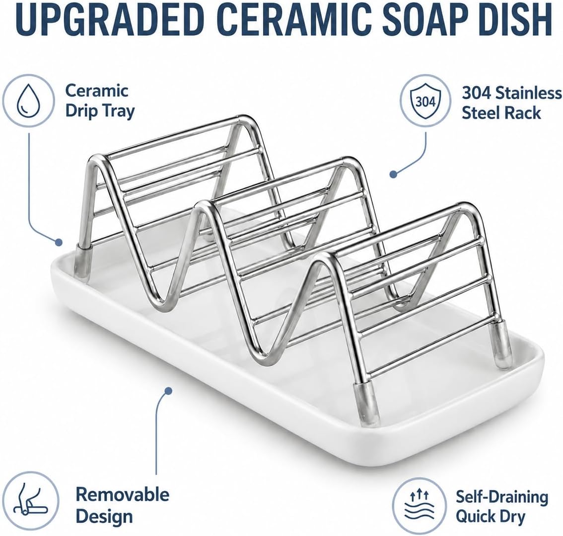 Ceramic Soap Dish for Shower, 304 Stainless Steel Soap Holder with Removable Ceramic Drip Tray, Self Draining Bar Soap Holder for Shampoo Bars, Conditioner Bars and Soap, Bathroom Soap Tray, 1 Pack