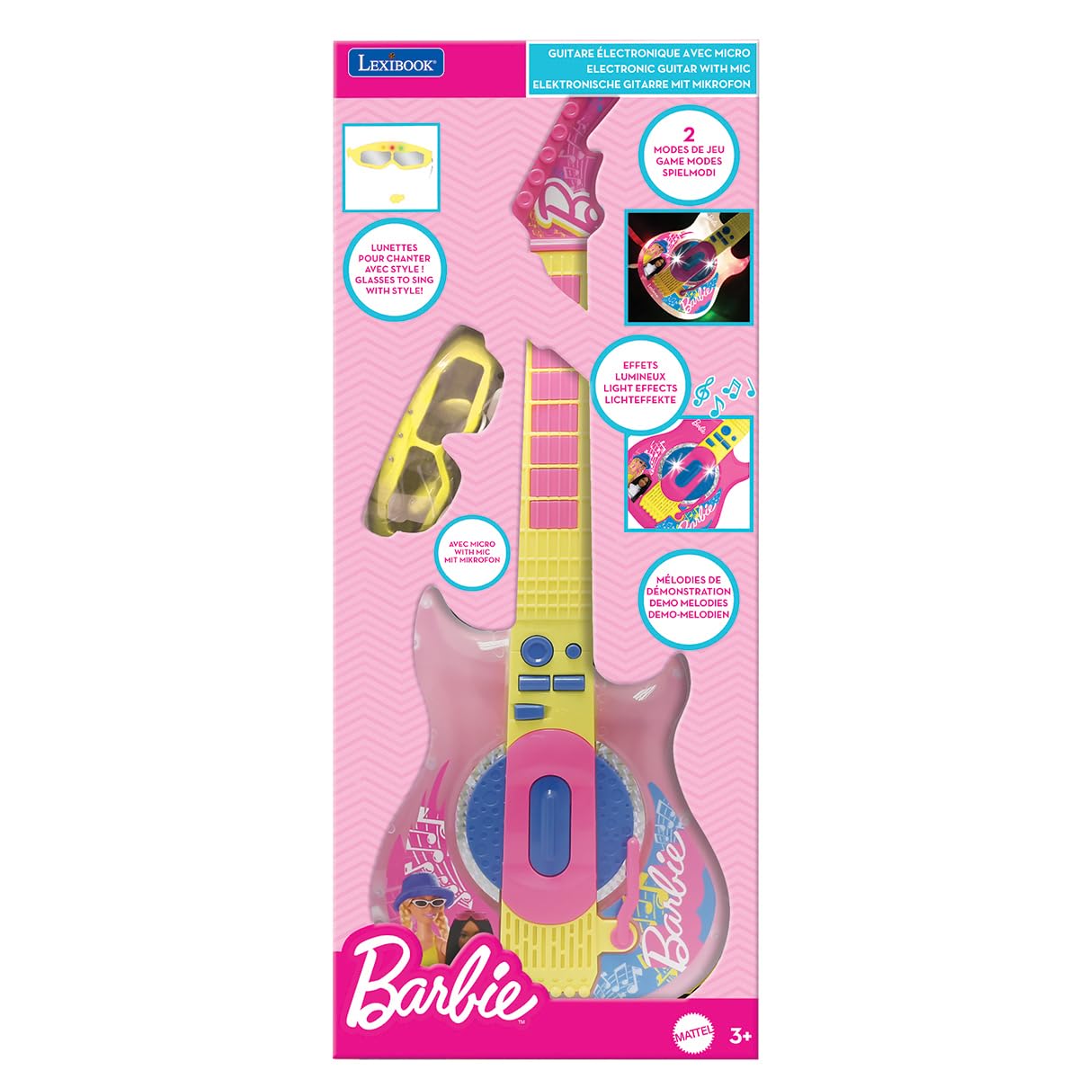 Lexibook, Barbie, Chitarra Elettronica con Microfono e Occhiali per Cantare con Stile, 2 modalità di Gioco, Melodie Dimostrative, Effetti di Luce, Rosa/Giallo, K260BBLXB