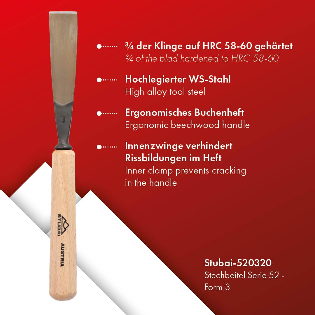 Stubai 520320 dłuto do rzeźbienia w drewnie typu 3 z drewnianym uchwytem, złoty/beżowy, 20 mm