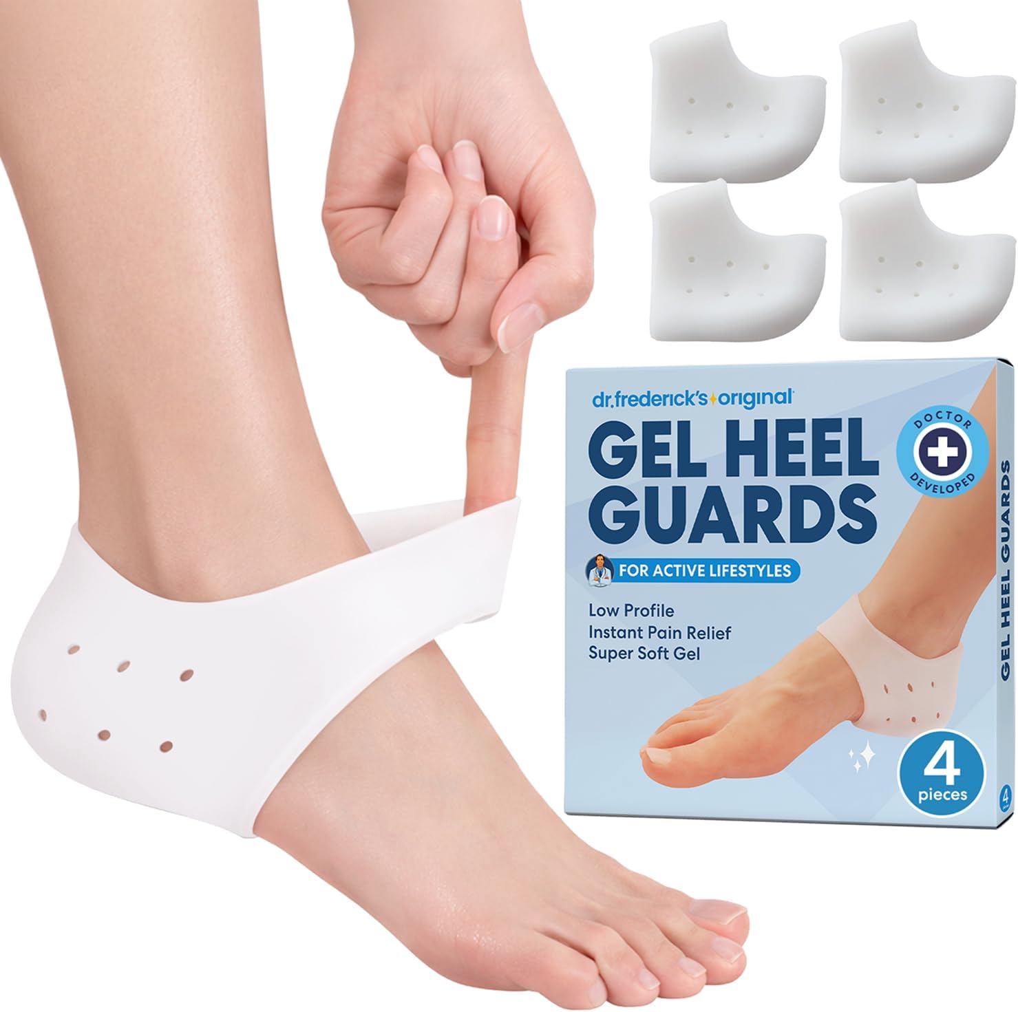 Dr. Frederick's Original Gel Heel Guards - 4 ct - Soft Heel Protectors for Plantar Fasciitis, Spur Pain & Gout - Comfortable Inserts for Shoes