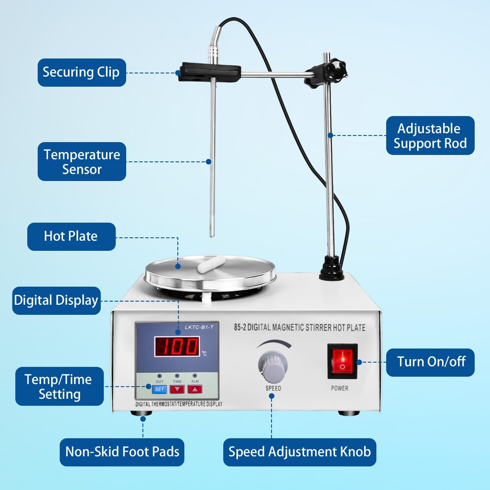Placa calefactora con agitador magnético, placa calefactora de laboratorio de 2400 RPM, regulación de velocidad continua, for agitación en investigación científica y elaboración casera de cerveza.