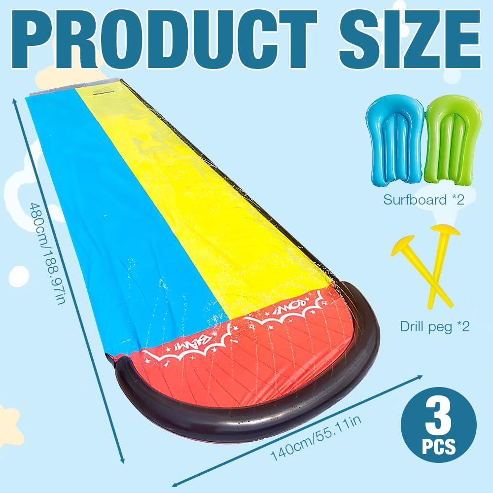 Toboggan Aquatique, 480 X 140cm Toboggan pour Pelouse Double, Tobogga À Eau avec Arroseur Et 2 Planches Gonflables, Tobogga Piscine Hors Sol Tobogan Piscine pour Enfants Et Adultes,Requin