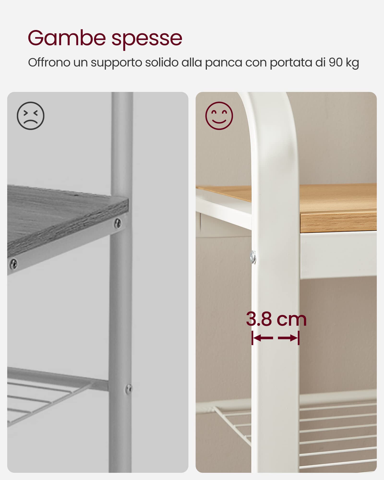 VASAGLE Appendiabiti con Scarpiera, Mobile da Ingresso con Panca, 4 in 1, 9 Ganci Rimovibili, Barra Attaccapanni, Entrata Corridoio, 33,7 x 72 cm, Moderno, Rovere e Bianco HSR40W