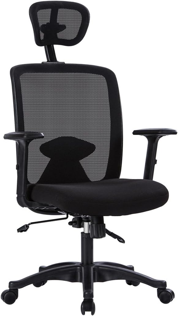 LONGEM High Back Mesh Office Chair - Ergonomic Computer Desk Task Executive Chair with Adjustable PU Armrests and Headrest,Lean Back Lock Mechanism,Adjustable Back Lumbar Support,Black