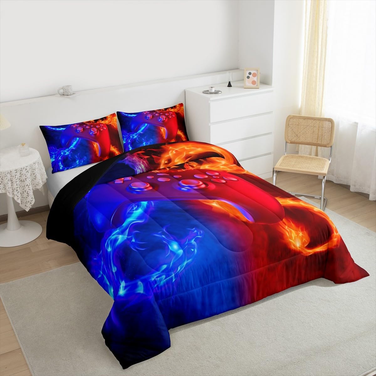 Ice Fire Dragon Comforter Set for Boys Teens Kids Gamer Games Room Decor Bedding Set Blue Red Gaming Gamepad Down Comforter ,Fairy Tale Animals Theme Room Decor 2Pcs Duvet Insert Twin Size,Soft