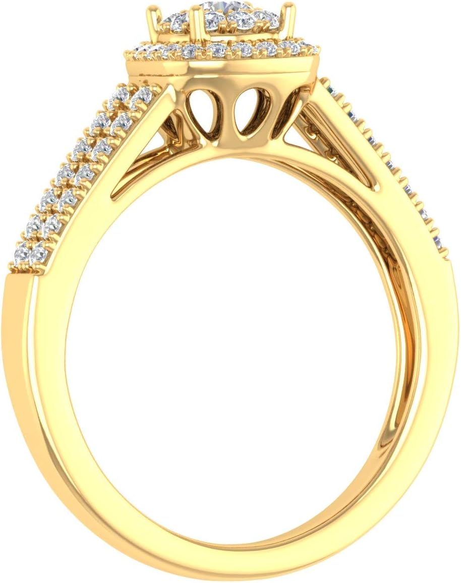 1/2 Carat Prong Set Diamond Cushion Cut Halo Engagement Ring in 14K Solid Gold (I1-I2 Clarity)