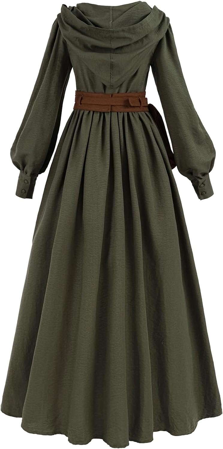 FCCAM Medieval Dress for Women Green Hooded Ren Faire Peasant Dresses Renaissance Costume with Belt Pouch