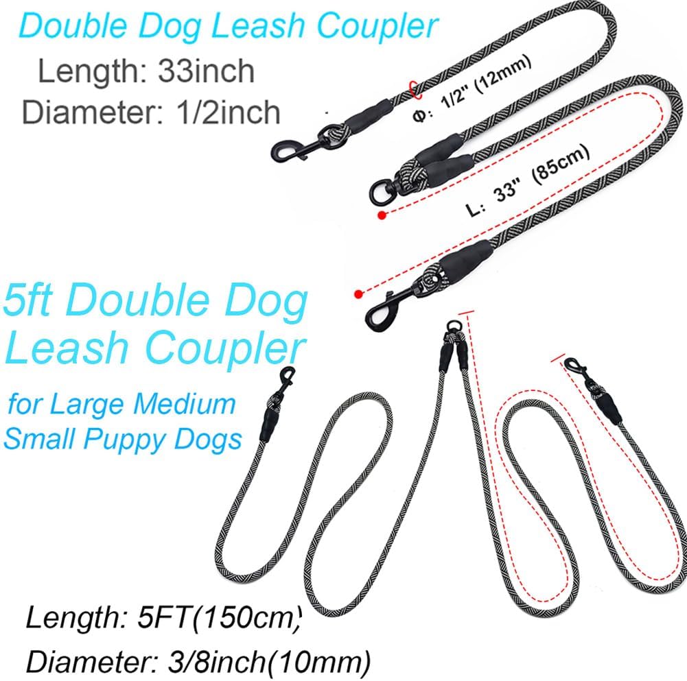 Double Dog Leash Coupler (33inch+60inch) No Tangle 360° Swivel Rotation Dual Strong Dog Leash Splitter (Black)