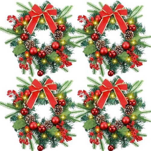 Ceenna 4 Pcs Pre Lit Xmas Wreath LED Red Bow Pinecone Decoration,Classic