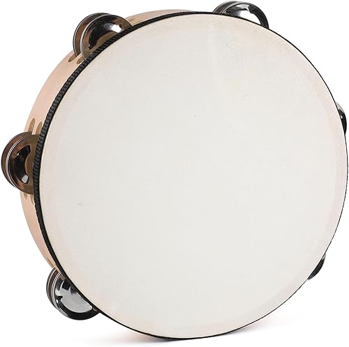 LIEKE Pandereta de piel de cabra para adultos y niños de 8 pulgadas, tambor de mano con 6 pares de jingles de metal de doble fila para música de