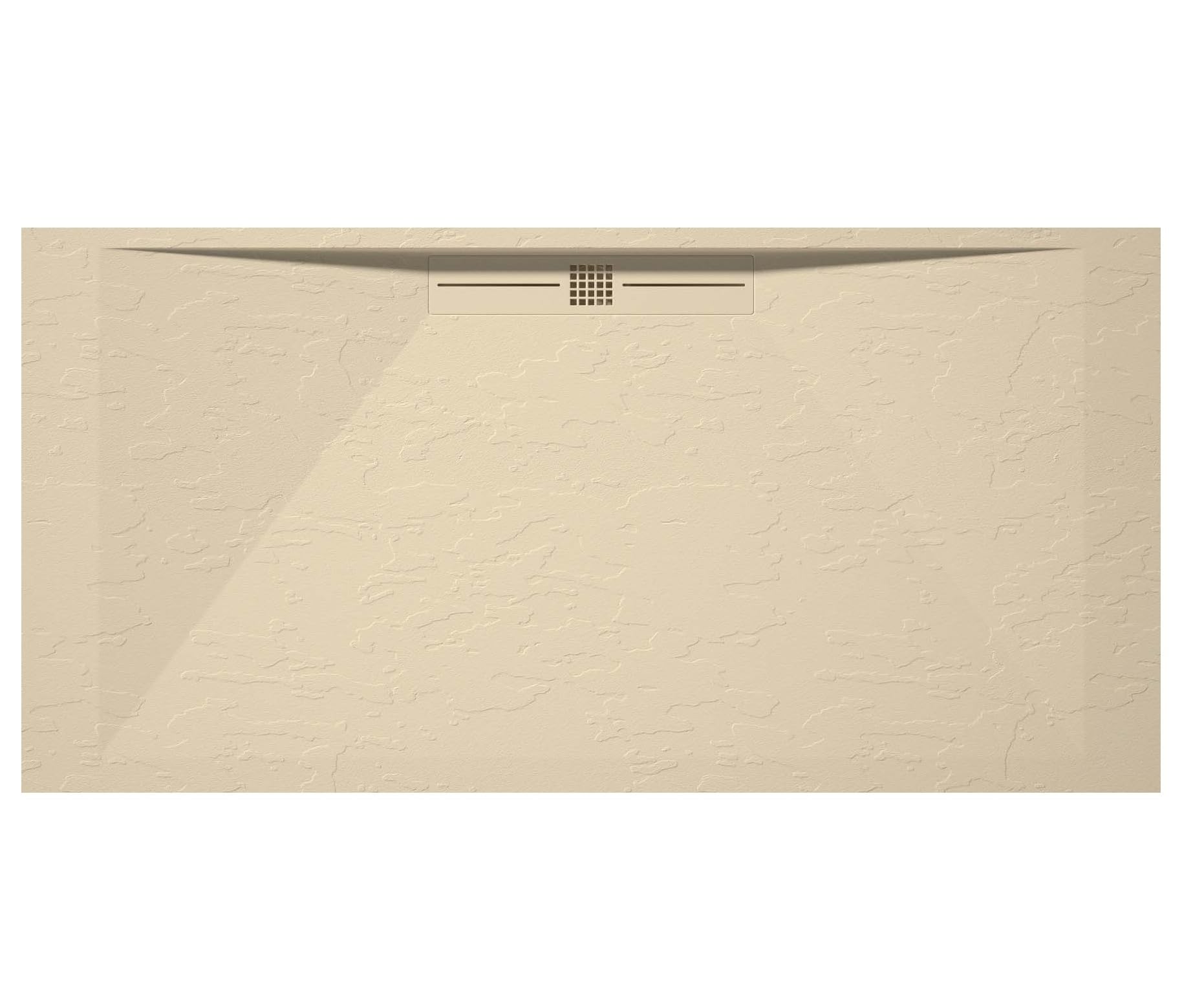 Plato de ducha de mármol, color crema RAL1015, desagüe lateral, superficie de efecto pizarra, serie Niza, Slim 3 cm, revestimiento de gelcoat, antideslizante