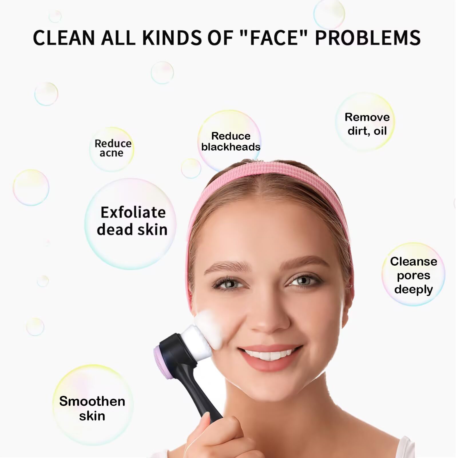 Facial Cleansing Brush 2 in 1, Silicone Face Scrubber Dual Face Brush for Deep Pore Cleansing and Exfoliating, Skincare Headband and Wristbands Set for Washing Face, Massaging Spa Makeup,Black