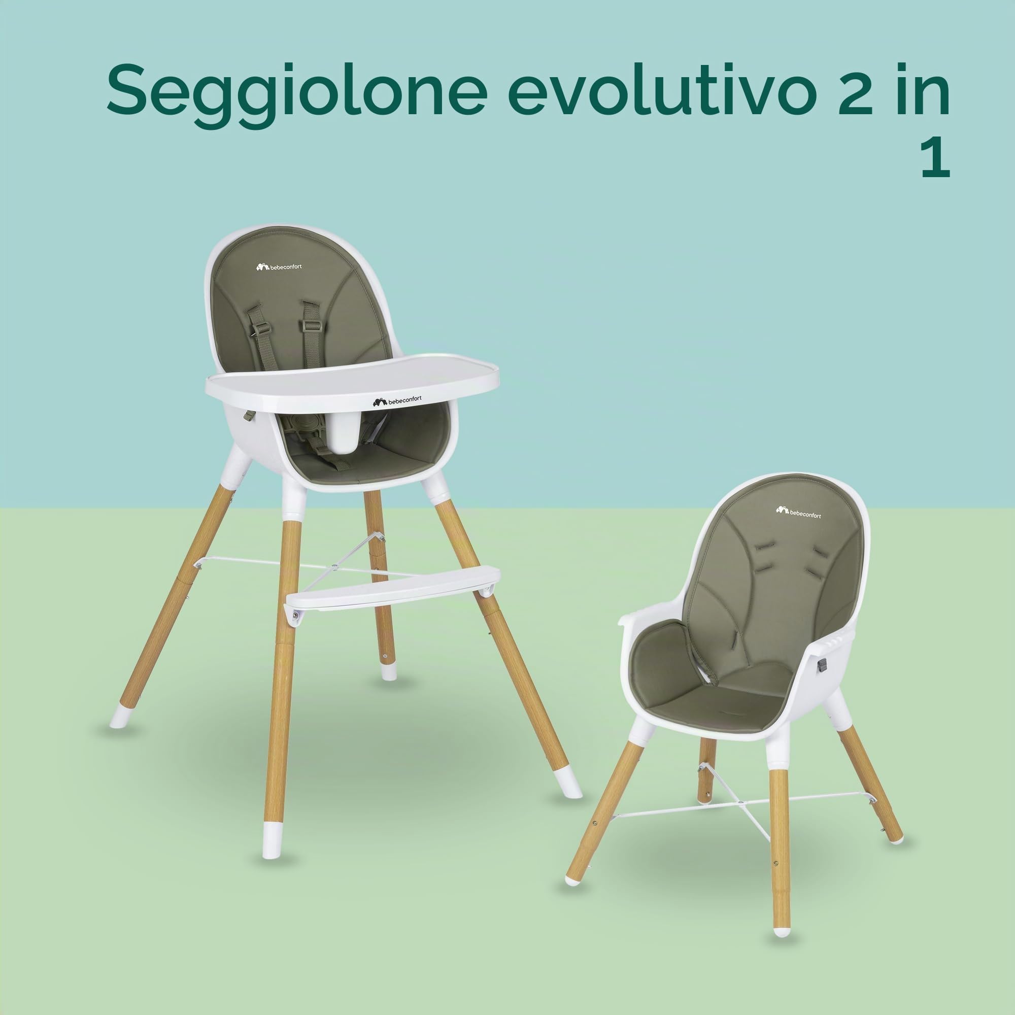 Bebeconfort Avista seggiolone pappa evolutivo che si trasforma in sedia bambino, con imbottitura e vassoio, dai 6 mesi, portata 30 kg, Mineral Green
