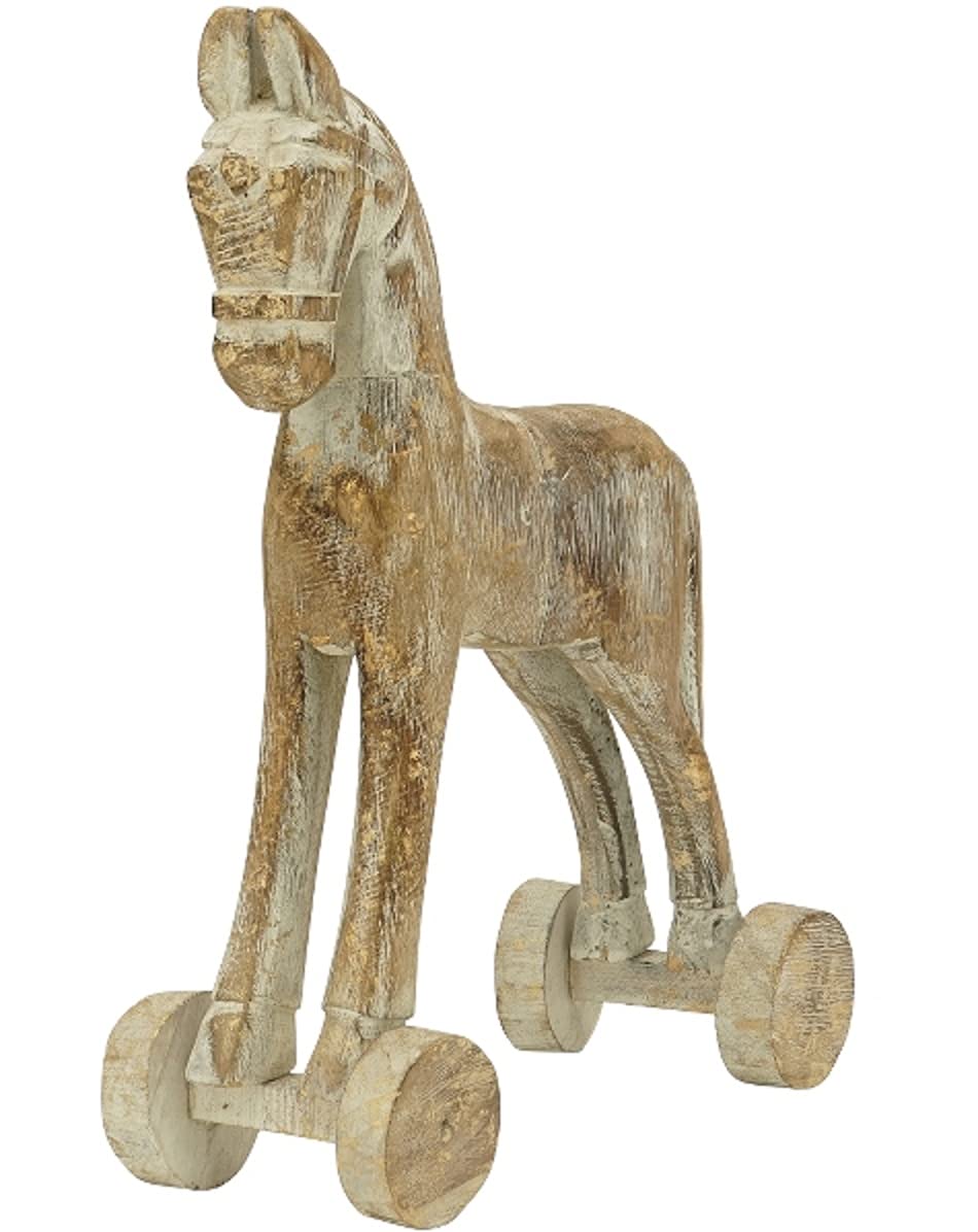 EXNER dekoratives Deko-Pferd aus Holz mit leichtem Goldschimmer in Shabby Vintage Optik (mittel ca. 27 x 12 x 29 cm hoch)