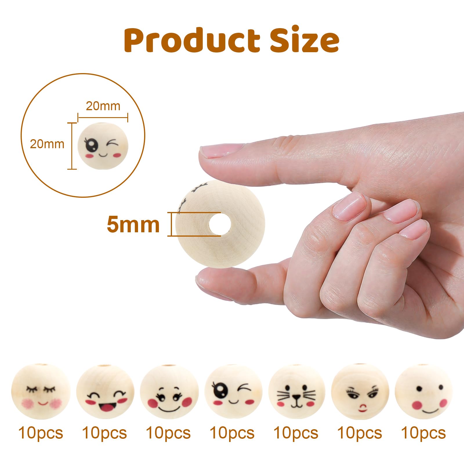 Elektheim 20 mm Natural Wooden Beads with Face, Pack of 70 Round Wooden Balls with Face, Ideal for DIY Crafts and Gifts - Image 2