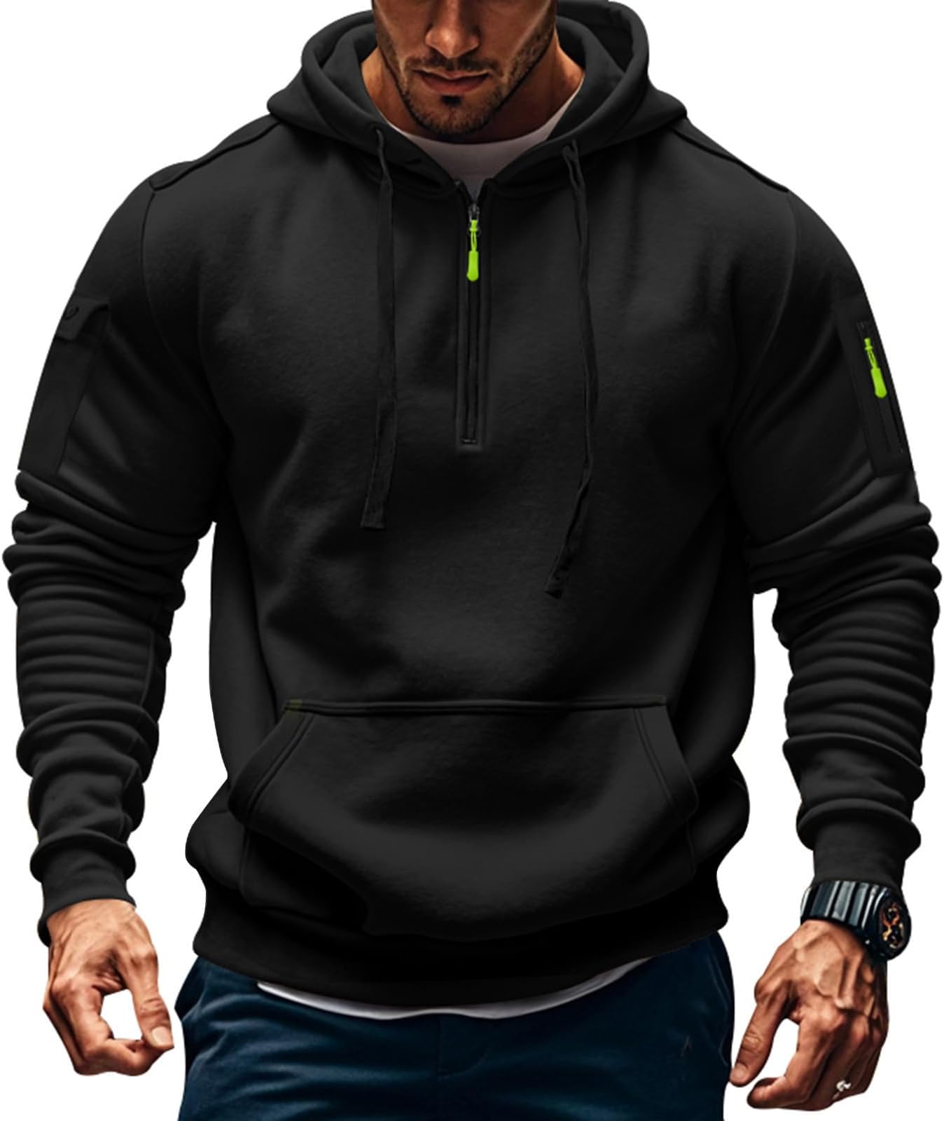Men's Fleece Workout Athletic Pullover Hoodie Long Sleeve Basic Quarter Zip Pullover Sweatshirt with Kanga Pocket