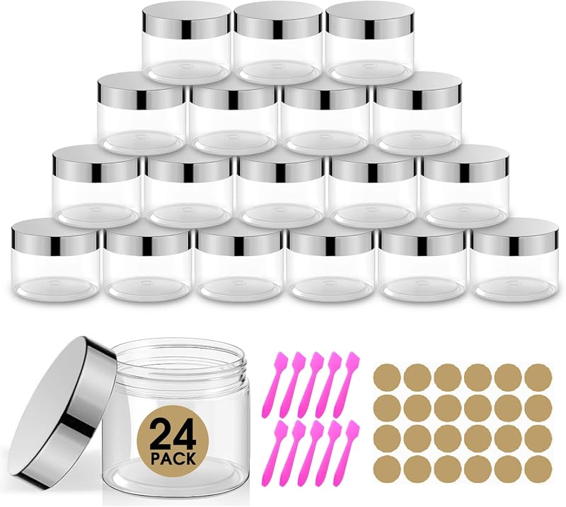 Amorix 24 Pcs 4 oz Plastic Jars with Silver Lids Clear Jars for Body Butter