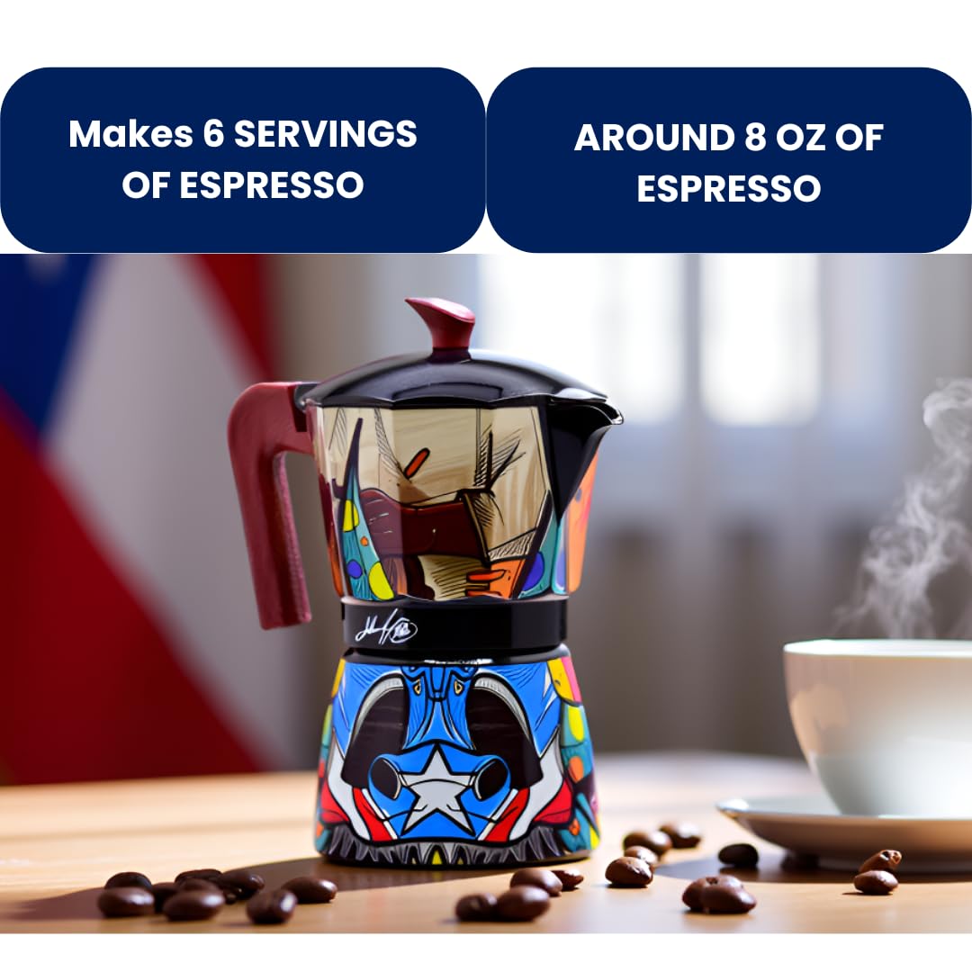 Puerto Rico Greca de Cafe Geschenkset Boricua Art by Joshua Montes Kaffeekanne Mokkakanne Café El Coqui Holzlöffel Cafetera 6 Espressotassen
